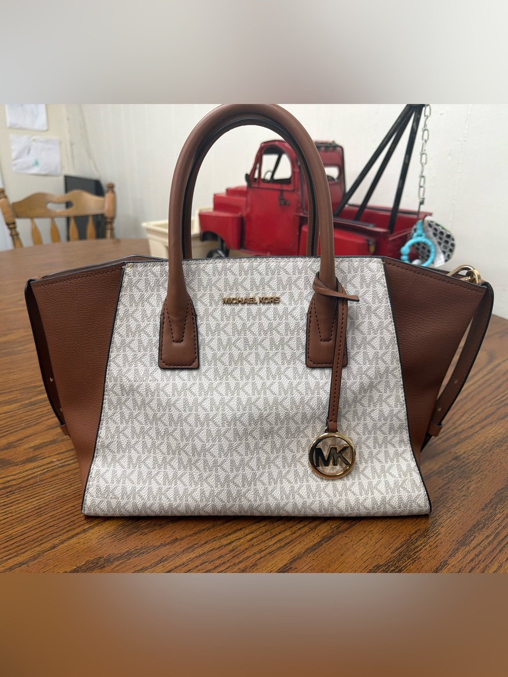 Michael Kors Vanilla Logo and Brown Leather Satchel